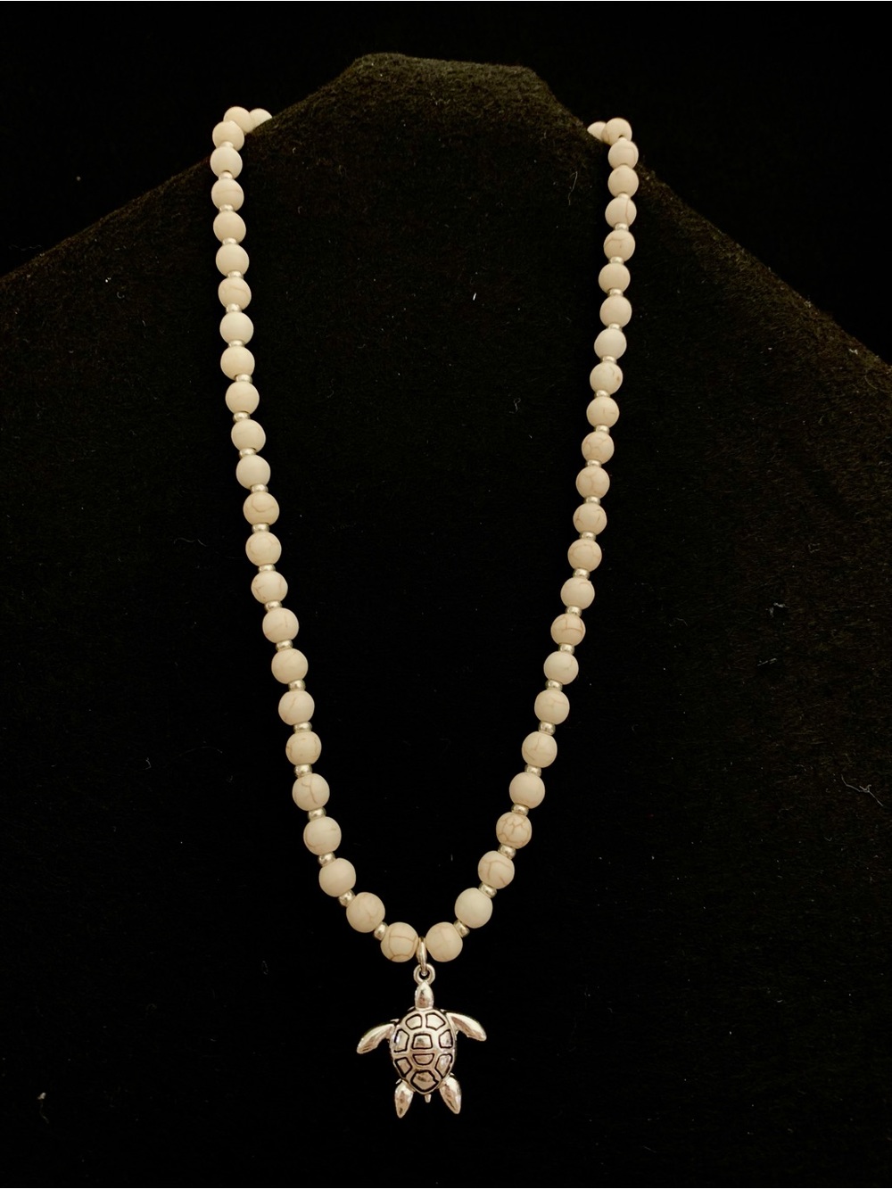 Beaded White Howlite Necklace with Silver Turtle Pendant